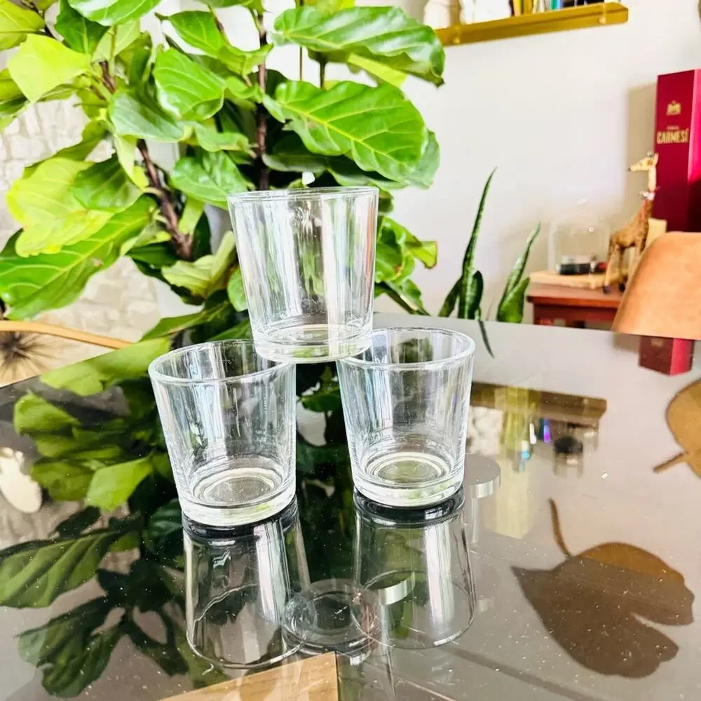 POTTERY BARN Clear Modern Stemless Lowball Juice Glass Drink Wear Glasses Set 3